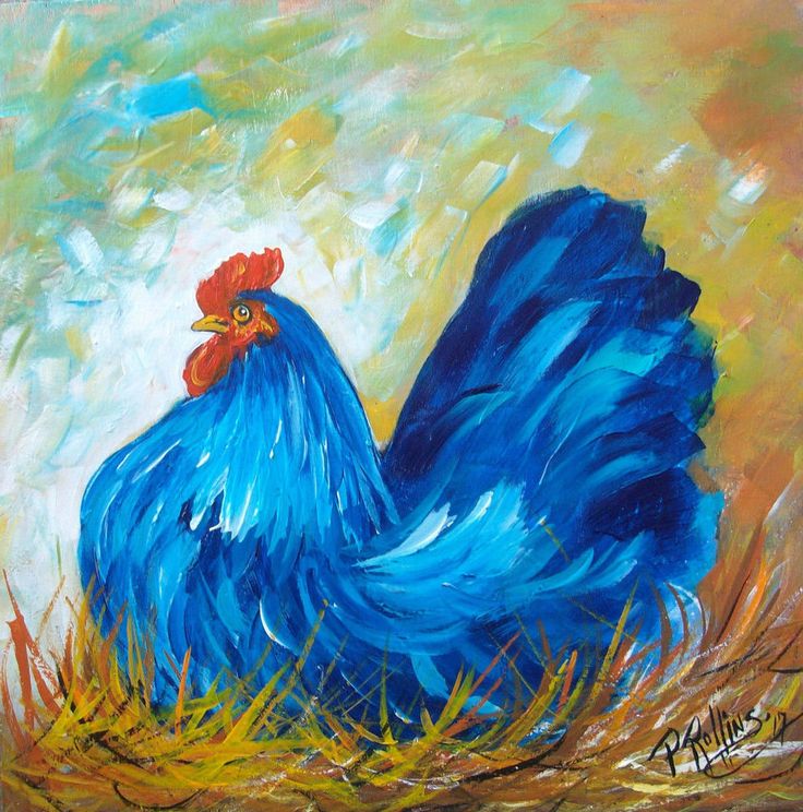 a painting of a blue rooster in the grass