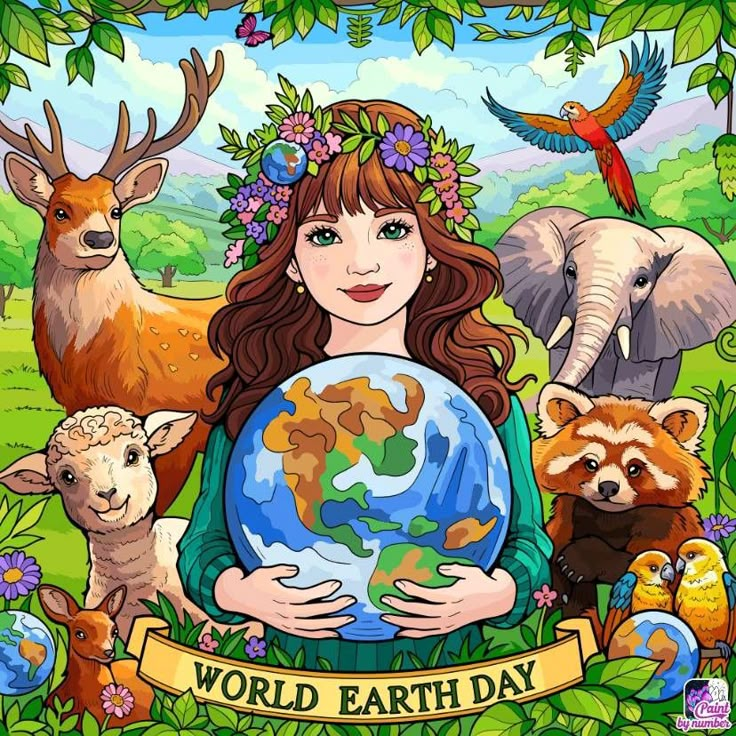 a woman holding a globe in her hands with animals around her and the words world earth day on it