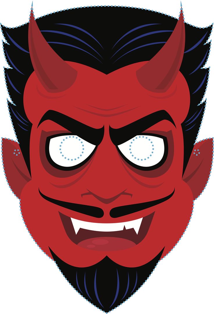 a red devil mask with horns and big eyes is featured in this image, it appears to be an illustration