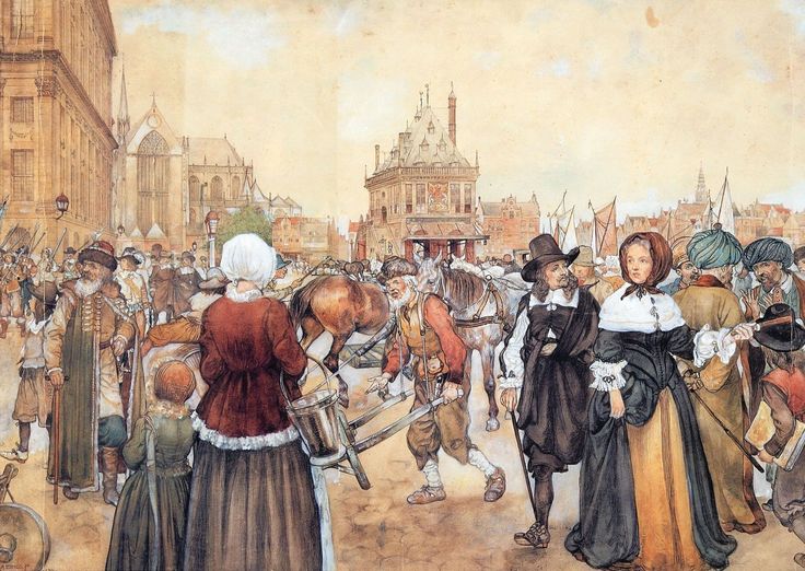 a painting of people walking in the street