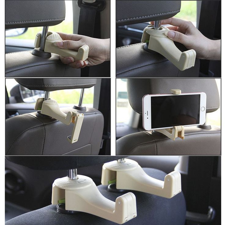 there is a cell phone holder attached to the back of a car seat in four different positions