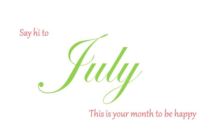 the word july is written in green and pink on a white background with red lettering