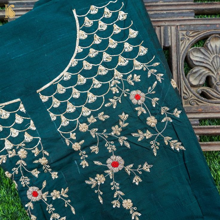 Hand Embroidered Pure Raw Silk Teal Blue Blouse Fabric - Khinkhwab Silk Kurta With Resham Embroidery For Diwali, Festive Chanderi Kurta With Floral Embroidery, Designer Floral Embroidery Kurta For Transitional Season, Silk Kurta With Zari Work For Navratri, Festive Kurta With Floral Embroidery For Diwali, Silk Kurta With Dori Work For Diwali, Designer Floral Embroidered Kurta For Transitional Season, Navratri Resham Embroidery Dola Silk Kurta, Festive Raw Silk Kurta With Floral Embroidery