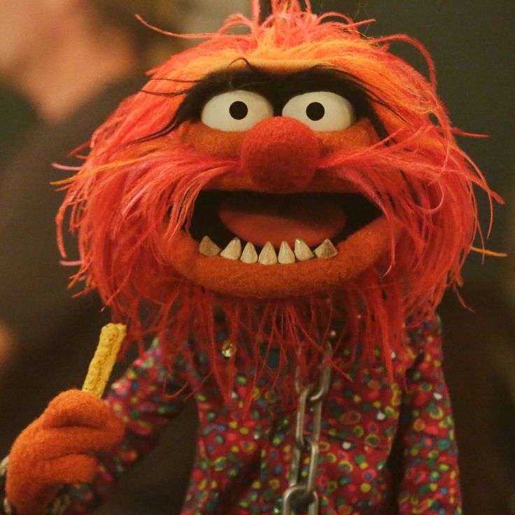 the muppet is holding a cell phone and eating some food