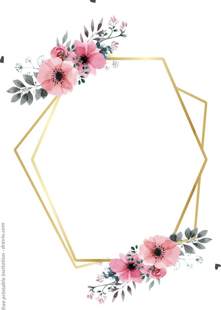 an octagonal gold frame with pink flowers and greenery on the edges is featured in this watercolor illustration