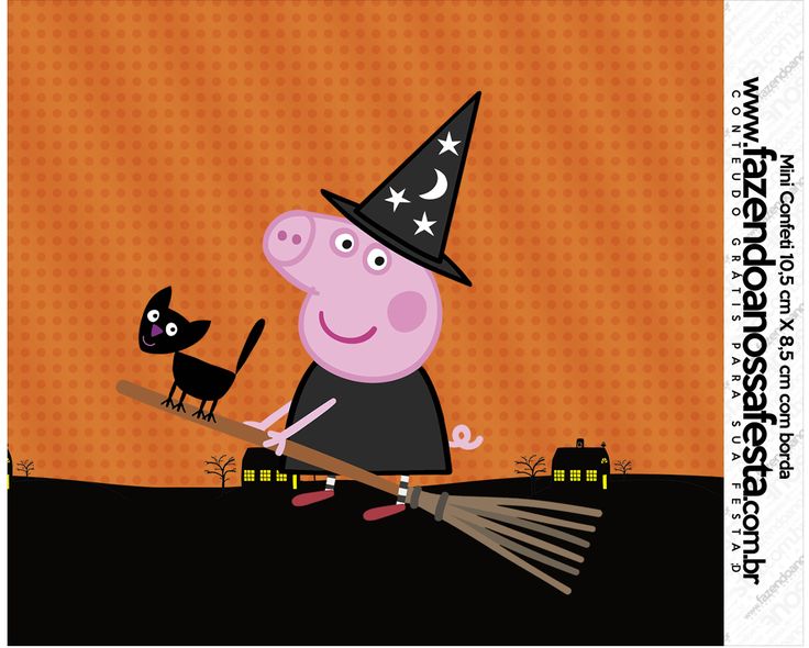 a cartoon pig with a witches hat and broom in front of a black cat on an orange background