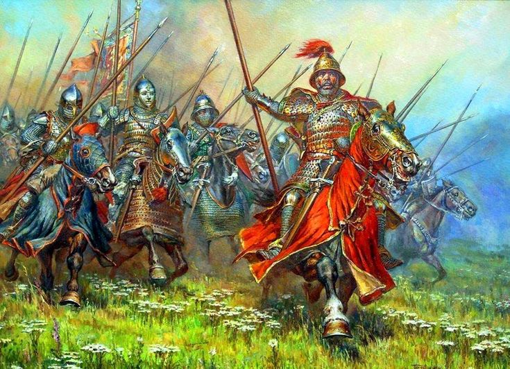 a painting of men in armor on horses