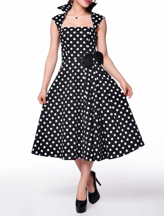 Polka-Dot Belted Black Polka Dot Dress Outfit Summer, White Polka Dot Dress Outfit, Dot Dress Outfit, Polka Dot Dress Outfit, Retro Red Dress, Dress Outfit Summer, Dapper Day Outfits, Vintage Dress Design, 50s Fashion Dresses