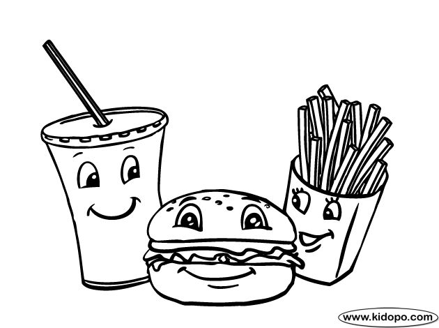 a hamburger and fries with drinks coloring page