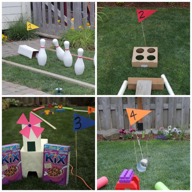 four different pictures of bowling pins and pinatas in the yard, including one with a number on it