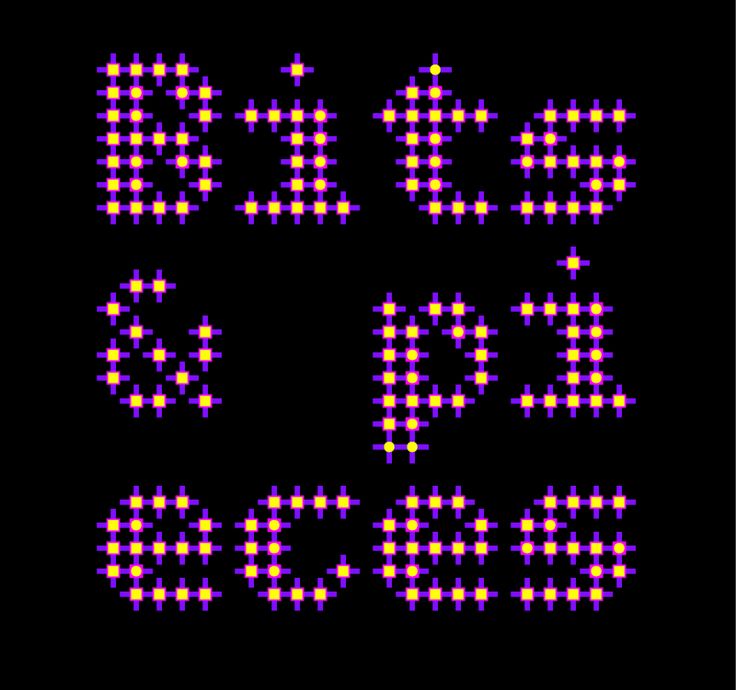 an old school style pixel font and numbers on a black background with pink, purple, and yellow dots