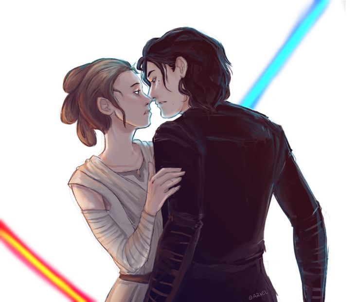 a man and woman are kissing in front of two lightsabers, one is holding the other's head