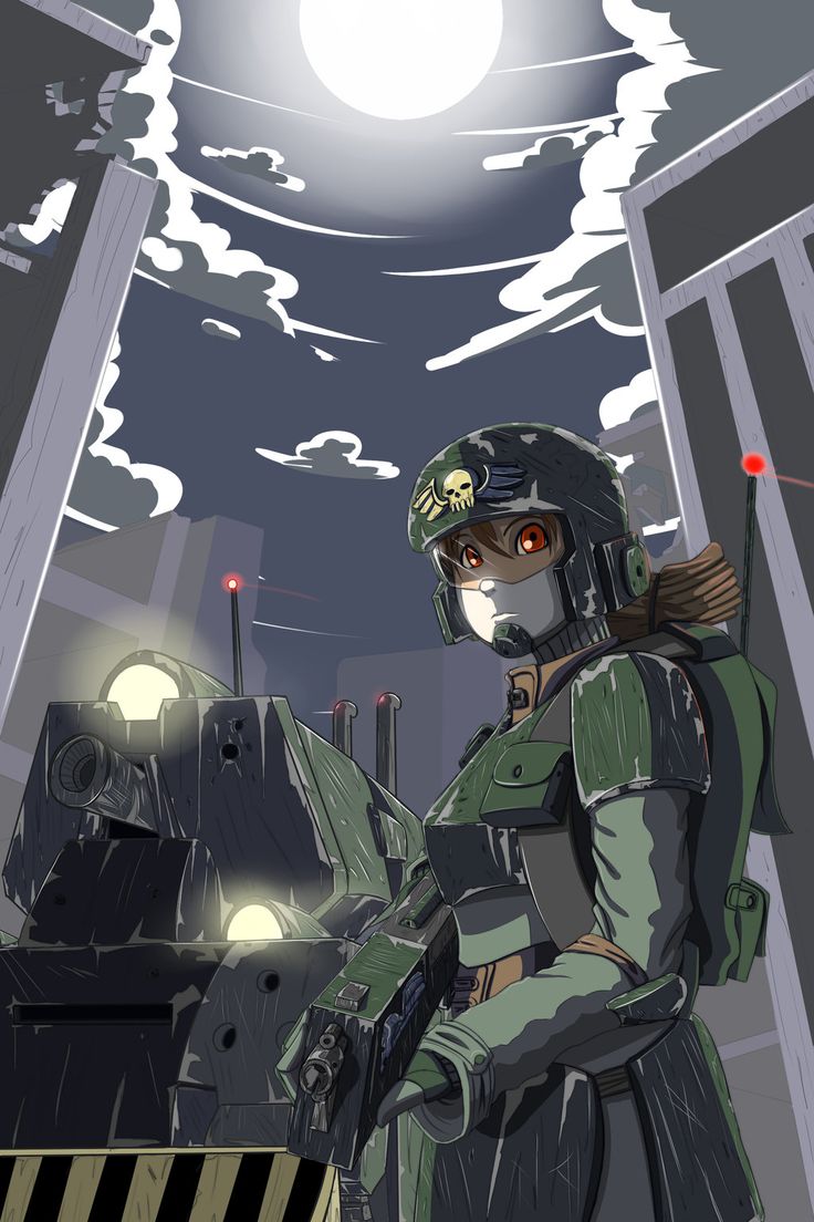 an anime character standing in front of some tanks at night with the moon behind her