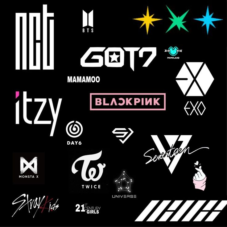 many different types of stickers on a black background with white and pink lettering in the middle