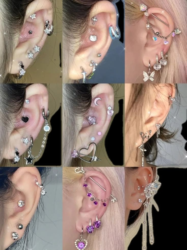 multiple images of different types of ear piercings