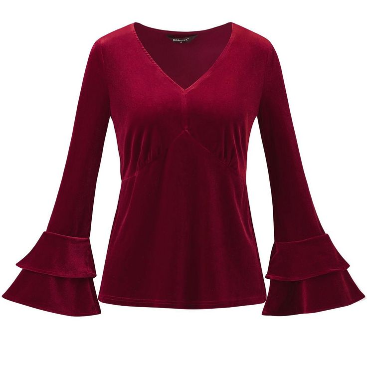 Elevate your style in this V-neck blouse made from soft velvet. There's nothing like a touch of velvet to elevate your style, and this blouse also features a V-neck and elastic waist for a put-together look. This velvet blouse is perfect for pairing with everything high-rise in your closet. Get your shimmer on in this chic yet simply styled velvet blouse. The V-neck design shows your beautiful neckline perfectly. Elegant Velvet Tops For Fall, Party Velvet V-neck Top, Velvet V-neck Party Top, Elegant Long Sleeve Velvet Tops, Elegant Velvet Blouse For Fall, Chic Velvet V-neck Top, Velvet Blouse, Velvet Flares, Peplum Shirts