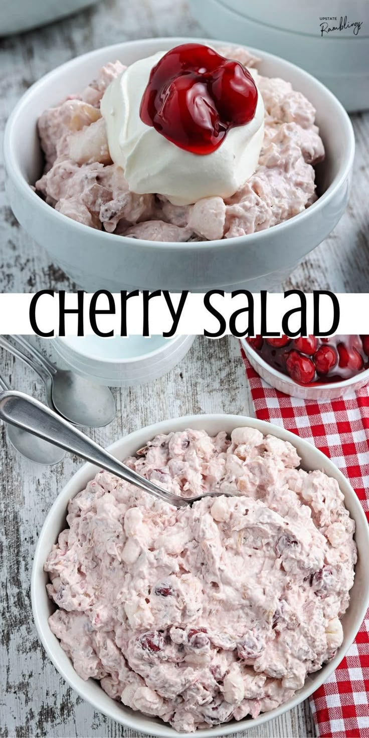 two bowls filled with cherry salad on top of a checkered table cloth and the words cherry salad above it