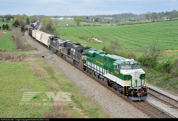 a green and white train traveling down tracks next to a lush green field with trees