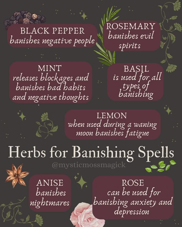 Herbs for Banishing Spells! Whatever you wish you get rid of in your life these are some easily accessible items that can be used in any spell or ritual. Use them as an oil to anoint a candle, roll a candle in dried herbs, or use fresh herbs to leave as offerings during a ritual for banishing. 🌿✨🌙🌱 . . . #banishingspell #spells #rituals #herbs #witchy #witches #witchcraft #witch #mystic #moss #magick #magic #herbwitch #greenwitch #hedgewitch #kitchenwitch #candlespells #altar #offerings #fore... Herbs To Use In Witchcraft, Herbs For Spell Jars, Banishing Herbs Witchcraft, Banishing Herbs Magick, Cleansing Herbs Witchcraft, Binding Herbs Witchcraft, Witchcraft Spells To Get Rid Of Someone, Candle Ritual Witchcraft, Banishing Jar Spell