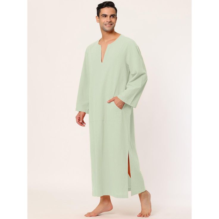 There is a pocket on the front for storing small items, which is convenient and practical. Made of soft fabric, it will be comfortable to wear, and you can enjoy leisure and sleep time at home. The long-sleeved gown is designed with a V-neck and pullover style for easy wearing and taking off. This nightshirt is suitable for beaches, holidays, festivals, home wear, and daily casual wear. Machine Wash Cold Inside Out. Model Body Size: Height: 6'1", Chest: 38 2/8 inches, Waist: 30 6/8 inches, Hip: Comfortable Sleepwear With Pockets For Home, Solid Cotton Sleepwear With Pockets, Sleepwear With Pockets, Green Cotton Sleepwear With Pockets, Cotton Sleepwear With Pockets For Relaxation, Casual Cotton Nightgown For Relaxation, Comfortable Solid Color Sleepwear With Pockets, Comfortable Solid Sleepwear With Pockets, Summer Sleepwear With Pockets For Relaxation