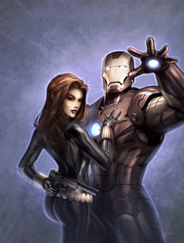 the cover of comic box magazine featuring iron man and black widow, from left to right