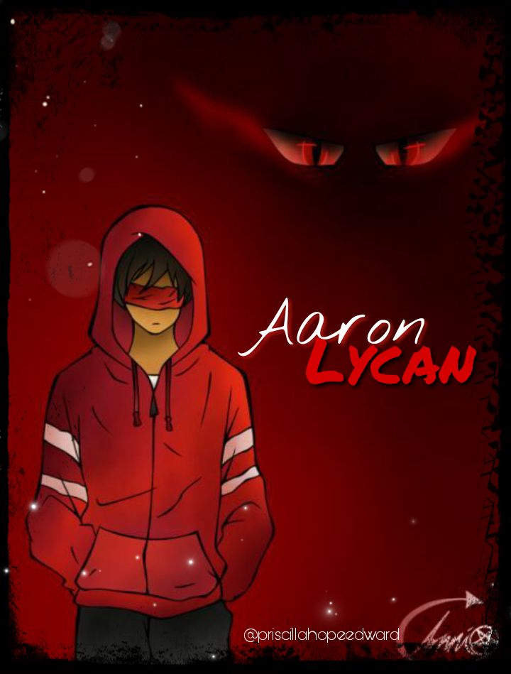 an anime character wearing a red hoodie with the words aaron lycan on it