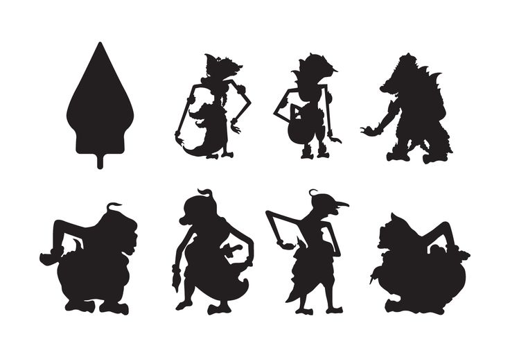 the silhouettes of various cartoon characters are shown in black and white, as well as one