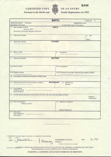 the birth certificate for an army officer