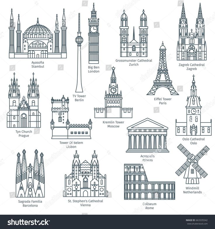 different types of buildings and their names in black and white, including the eiffel tower