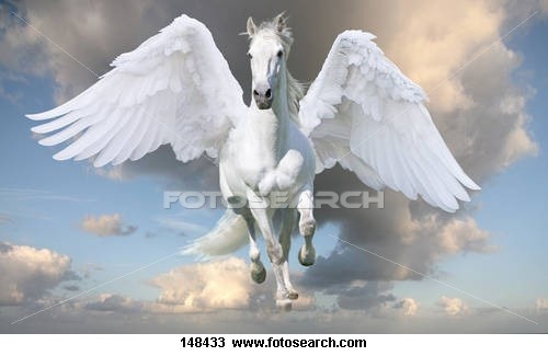 a white horse with wings flying through the air in front of clouds and blue sky