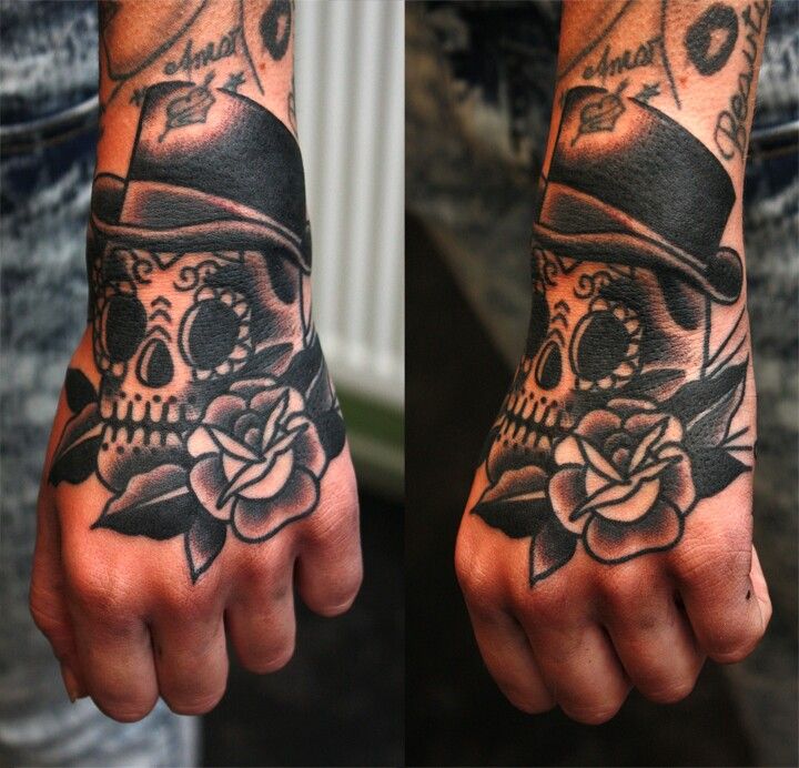 two hands that have tattoos on them, one with a skull and the other with a top hat