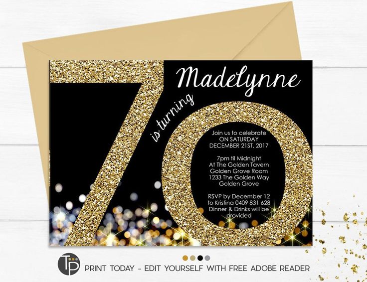 a black and gold 70th birthday party card with the number seventy on it ...