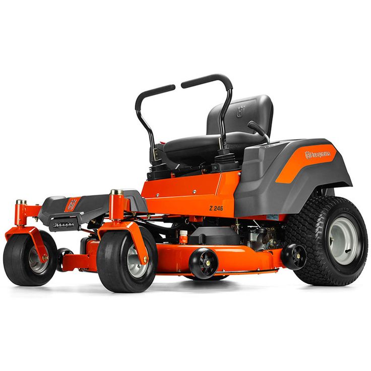 an orange riding mower on a white background