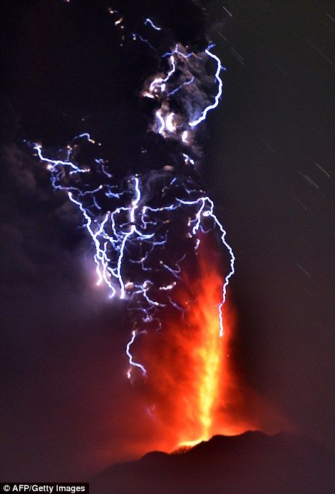 the volcano is spewing out lava and lightning