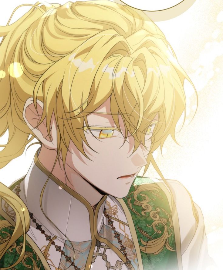 an anime character with blonde hair and green eyes, wearing gold armor in front of a white background