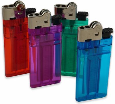 six different colored lighters sitting next to each other