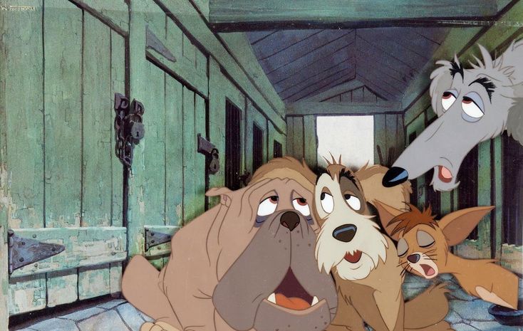 an animated image of three dogs in a room with one dog looking at the camera