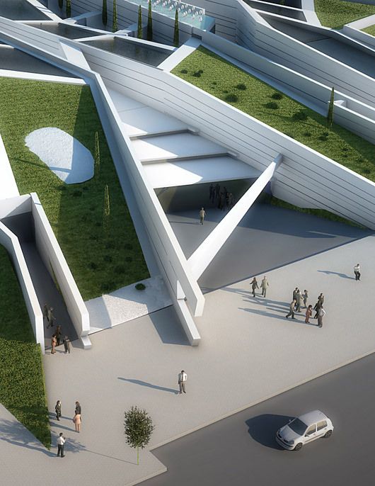 an artist's rendering of a futuristic building with grass on the roof and people walking around