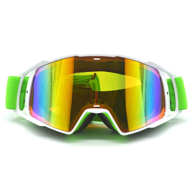 a pair of ski goggles with green straps and mirrored lenses on the top of it