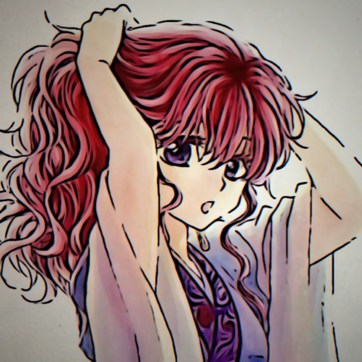 a drawing of a woman with red hair holding her head in one hand and looking at the camera