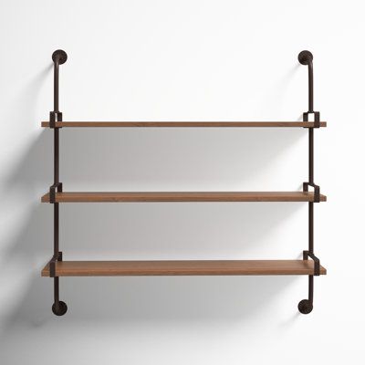 three wooden shelves on the wall, one with metal bars and two without shelving