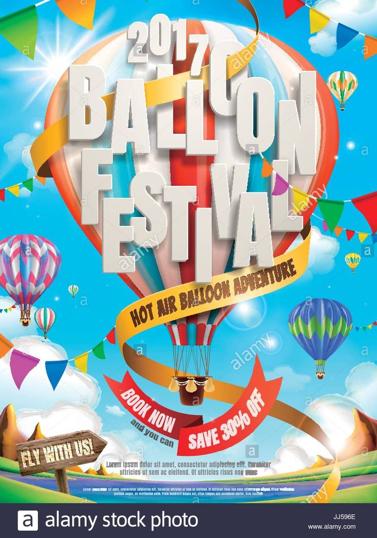 an advertisement for the balloon festival with hot air balloons flying in the sky and banners