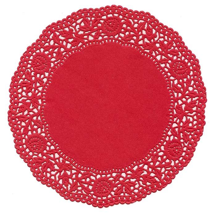 a red doily on a white background with an oval design in the center,