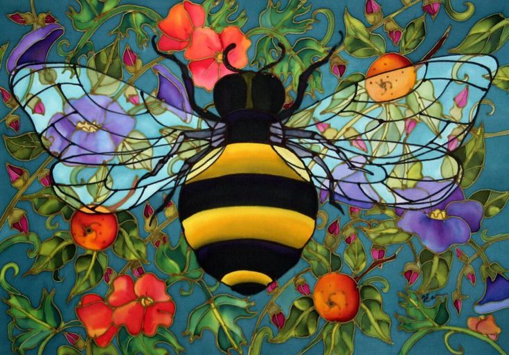 a painting of a bee surrounded by flowers