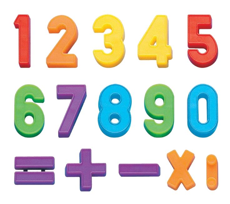 colorful plastic numbers and numerals on a white background