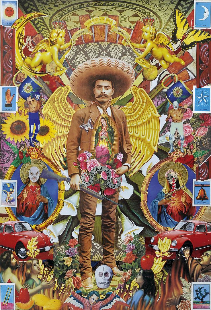 a painting of a mexican man standing in front of an image of people and animals