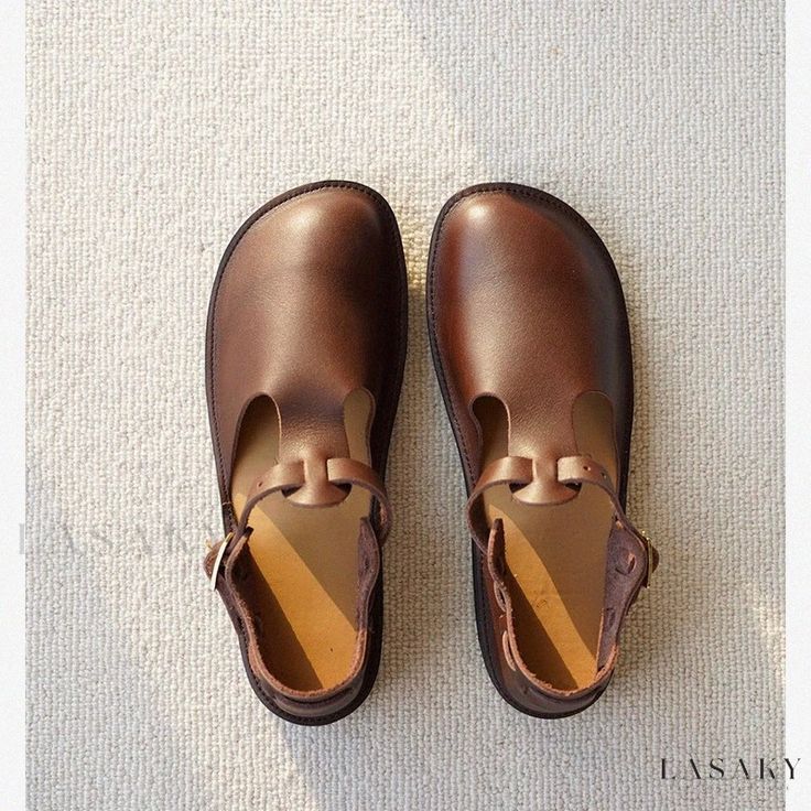 Lasaky - Vintage Leather Mary Jane Shoes with Aurora Strap - Retro Leather Shoes Brown Low Heel Flats With Leather Footbed, Vintage Brown Round Toe Leather Shoes, Vintage Brown Leather Shoes With Round Toe, Brown Leather Shoes With Closed Toe And Leather Lining, Brown Low Heel Leather Shoes Casual, Brown Leather Shoes With Stitched Sole And Round Toe, Brown Leather Shoes With Rubber Sole And Round Toe, Brown Leather Closed Toe Shoes With Leather Lining, Brown Casual Leather Shoes With Low Heel