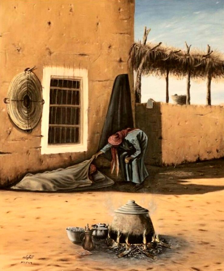 a painting of a person cooking in front of a house