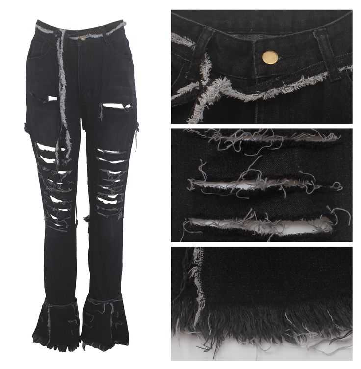 FREE SHIPPING Sexy Hollow Out Ripped High Waist Holw Denim Pants JKP3655 Fitted Grunge Bottoms For Club, Black Stretch Punk Jeans, Edgy Ripped Black Flare Jeans, Edgy Black Ripped Flare Jeans, Stretch High Waist Punk Jeans, Fitted Ripped Punk Jeans, Ripped Fitted Flare Jeans For Streetwear, Fitted Ripped Flare Jeans For Streetwear, Ripped Fitted Punk Jeans