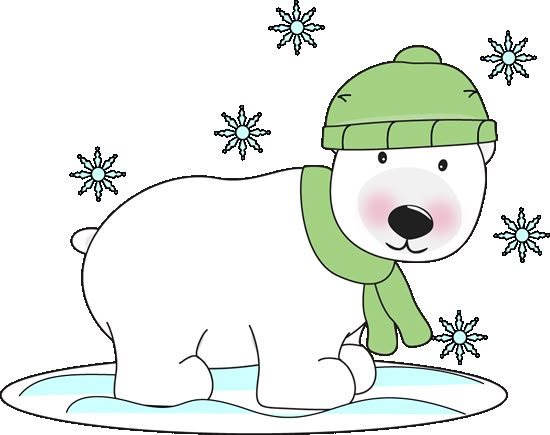 a polar bear wearing a green hat and scarf, with snowflakes in the background